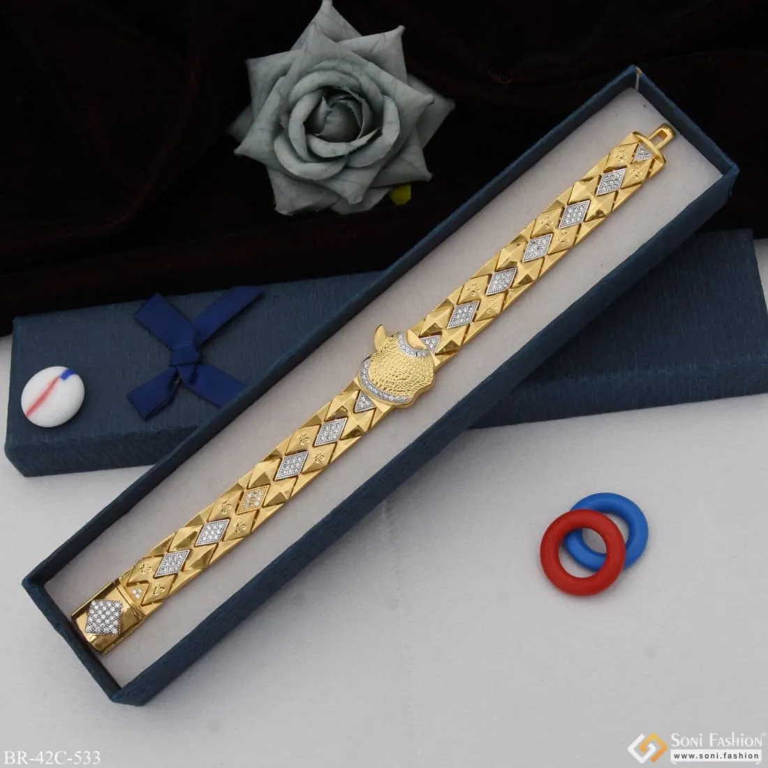 1 Gram Gold Plated with Diamond Artisanal Design Bracelet for Men - Style C533