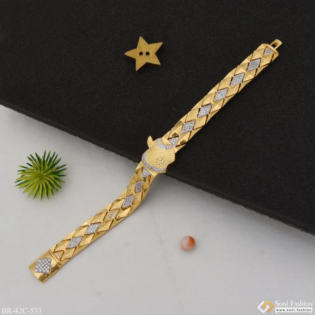 1 Gram Gold Plated with Diamond Artisanal Design Bracelet for Men - Style C533