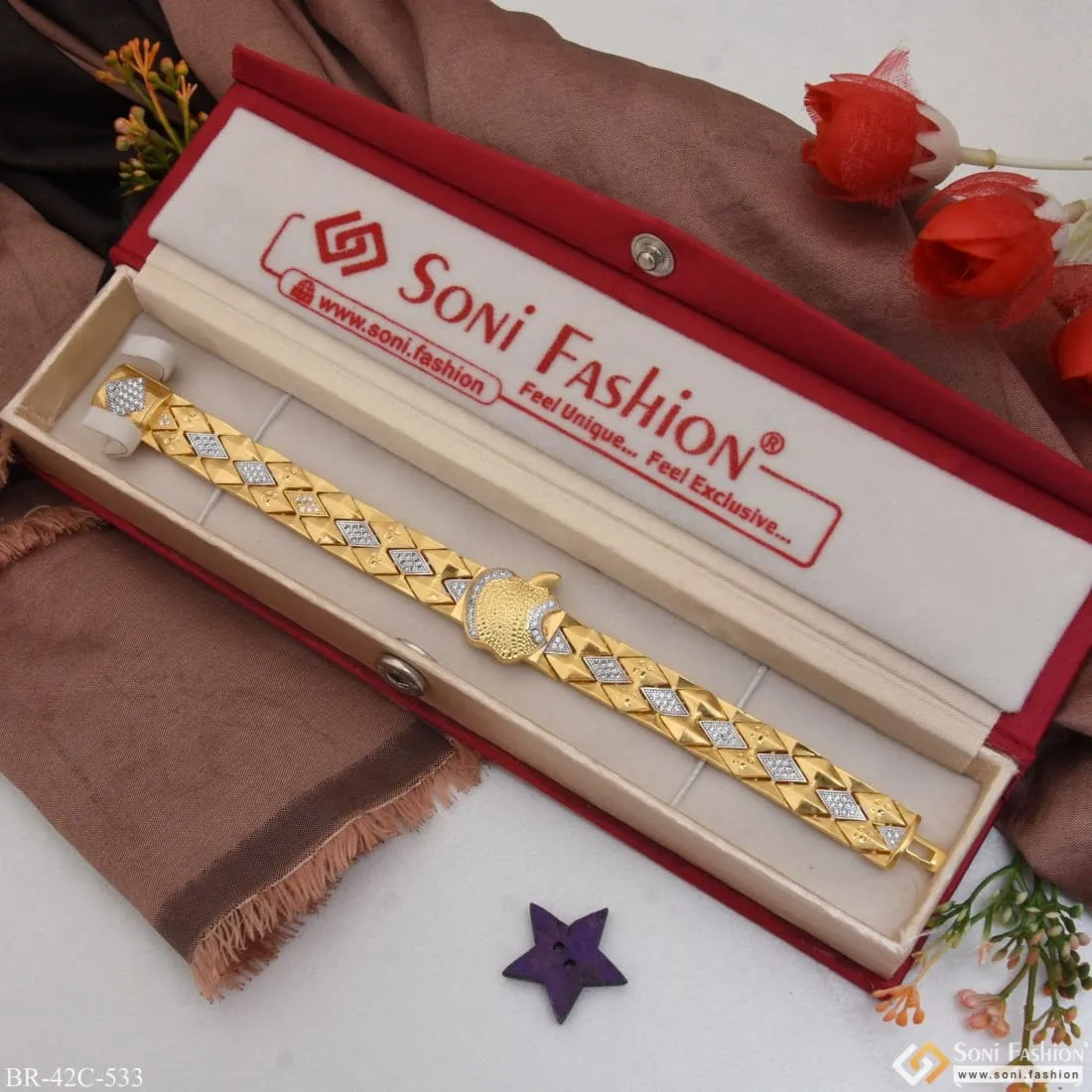 1 Gram Gold Plated with Diamond Artisanal Design Bracelet for Men - Style C533