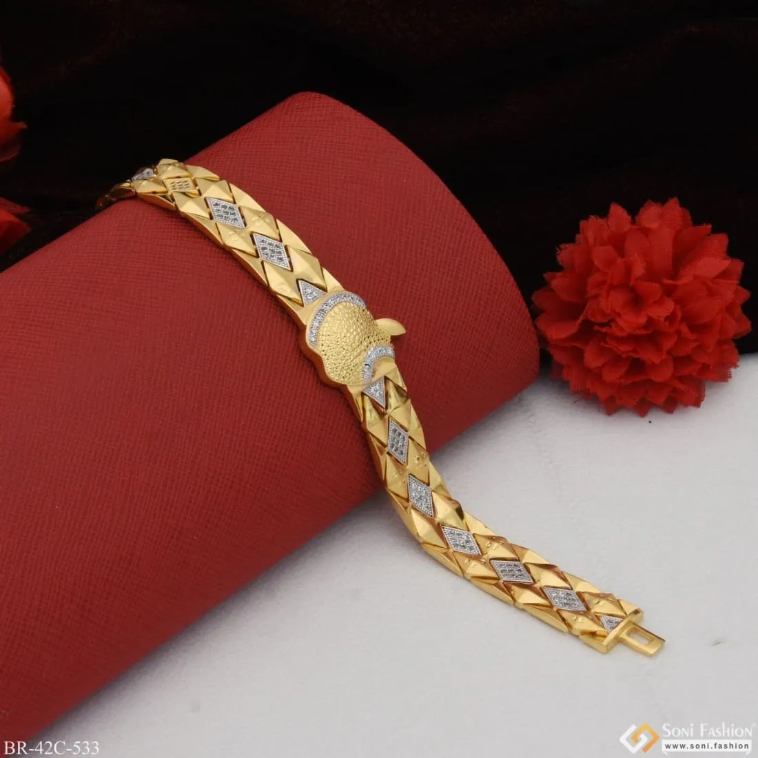1 Gram Gold Plated with Diamond Artisanal Design Bracelet for Men - Style C533